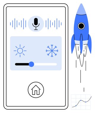 Ses kontrollü iklim ayarlaması için akıllı telefon arayüzü, mikrofon, roket ikonu, büyüme grafiği. Ev otomasyonu, yenilik, teknoloji, kullanıcı arayüzü, ilerleme gelecekteki kavramları için ideal