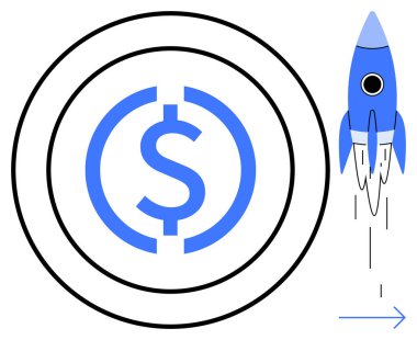 Yoğunlaştırılmış halkalarla çevrili büyük dolar işareti ok ile yükselen roket ilerlemeyi işaret ediyor. İş, girişim, finans, yatırım, yenilik, ekonomi ve zenginlik için idealdir. Basit düz