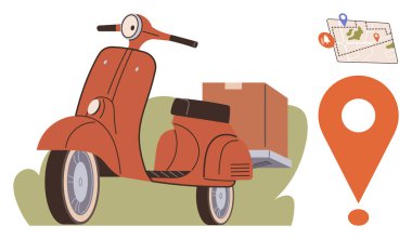Turuncu scooter 'lı paket, lokasyon iğneli harita ve konum belirteç. Teslimat, lojistik, ulaşım, online alışveriş, güzergah planlaması yerel hizmetler ve hareketlilik için ideal. Basit.