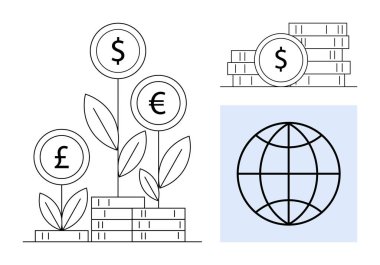 Üzerinde para birimi sembolleri olan bitkiler, madeni para yığınları ve bir dünya basit bir daire sunan mali büyüme, yatırımlar, küreselleşme, ekonomi, ticaret, ticaret ve sürdürülebilirliği temsil ediyor.