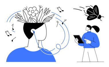 Çiçeklerle müziğin tadını çıkaran insanlar yaratıcılığı sembolize ediyor, gözlemci tabletteki böcekleri keşfediyor. Yaratıcılık, farkındalık, sürdürülebilirlik, müzik, yenilik, eğitim, basit iniş için ideal