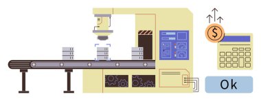 Taşıyıcı bant, dizilmiş ürünleri robot kol tarafından izleniyor ve kontrol panelini hesap makinesiyle kontrol ediyor. Otomasyon, üretim, üretkenlik, verimlilik, teknoloji, ekonomi ve sanayi için ideal