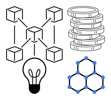 Engelleme diyagramı, istiflenmiş paralar, ampul, molekül yapısı dijital finans, engelleme zinciri, modern bilimi sembolize eder. Kripto para birimi, teknoloji, yenilik finans araştırması için ideal