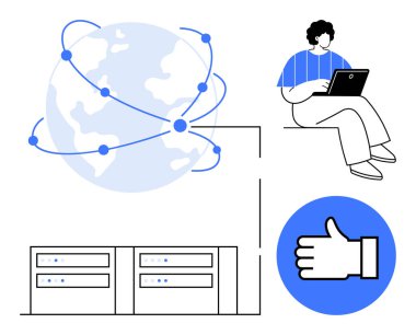 Bağlı noktaları olan bir dünya, sunucu rafları, dizüstü bilgisayarda uzaktan çalışan biri, onaylama simgesi. Teknoloji, küresel ağlar, bulut hesaplama, uzak çalışma, veri paylaşım bilişim çözümleri için ideal basit