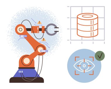 Robot kol görevini yerine getiriyor. Analizi gösteren veri grafiği ve görsel tanıma için işaretli göz. Teknoloji, yapay zeka, endüstriyel otomasyon, makine öğrenimi, verimlilik, robot bilimi için ideal