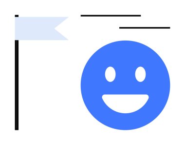 Siyah bir direkte beyaz bir bayrak ve stilize çizgilerle mavi yüzlü dairesel gülen yüz. Motivasyon için ideal, başarı, hedef belirleme, pozitiflik, iyimserlik, iletişim, basit iniş sayfası