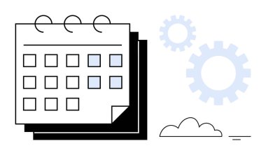 İşaretli tarihler, vitesler ve bir bulutla sadeleştirilmiş masa takvimi. Program, verimlilik, planlama, organizasyon, strateji iş akışı yönetimi için idealdir. Basit bir düz metafor.