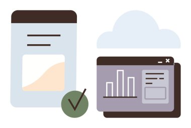 Analitik grafik, bulut simgesi, mobil ekran ve yeşil işaretli gösterge paneli. Teknoloji, veri analizi, bulut hesaplama, iş planlaması, uygulama kullanımı çevrimiçi araçlar ve ilerleme için ideal