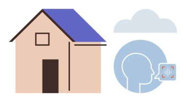 Mavi çatılı bir ev ve sesli komut simgesi olan baş silueti. Akıllı ev, bulut hesaplama, teknoloji, IOT, iletişim, yenilik, basit düz metafor