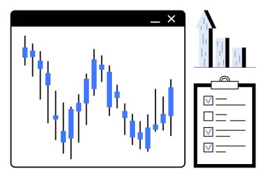 Şamdan desenli mali tablo, büyümeyi sembolize eden yukarı doğru ok ve görevler için kontrol listesi. Finans, ticaret, yatırım, strateji, planlama, analitik basit iniş sayfası için ideal