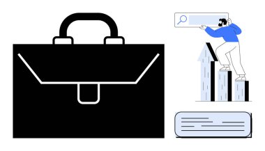 Siyah evrak çantası, arama çubuğu ve belge satırları kullanarak bir grafiği analiz etmek. Başarı, strateji, kariyer, yatırım, organizasyon piyasa araştırmaları finansal planlama için idealdir. Basit düz