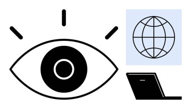 Mavi kareli göz, mavi kareli dünya ve dizüstü bilgisayar küresel farkındalığı, dijital yeniliği ve çevrimiçi iletişimi simgeler. Teknoloji, vizyon, ağ, küresel ulaşım pazarlaması için ideal