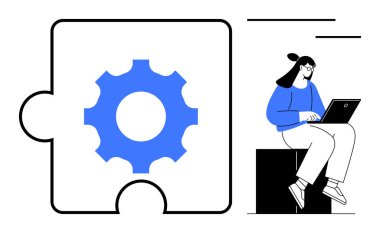 Dişli şekilli yapboz parçası, dizüstü bilgisayarda yazan kadının yanı sıra takım çalışması, yenilik, problem çözme, mühendislik, eğitim, araştırma ve iş akışı. Modern basit düz metafor