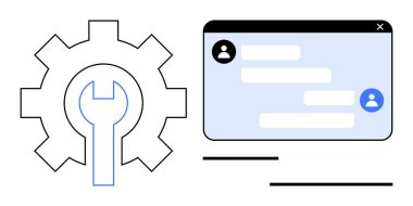 Vites ve anahtar ayarları ya da araçları sembolize eder. Mesajlaşma arayüzü kullanıcı sohbetini gösteriyor. Müşteri hizmetleri, destek, işbirliği, problem çözme, bilişim, iletişim, basit iniş sayfası için ideal