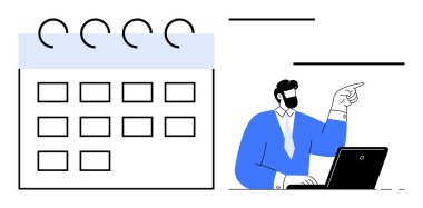 Takvim, dizüstü bilgisayarda çalışan ve işaret eden takım elbiseli bir iş adamı ile birlikte. Üretkenlik, planlama, organizasyon, programlama, iş stratejisi, takım çalışması, basit daire