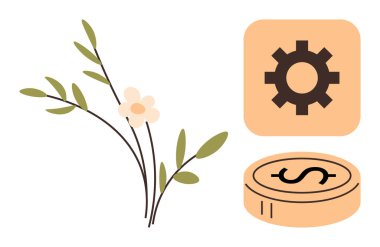 Çiçekli yaprak dalı, vites simgesi ve dolar işaretli para doğa, endüstri ve ekonomik büyüme arasındaki uyumu sembolize ediyor. Sürdürülebilirlik, ekoloji, finans, yenilik yatırımı için ideal