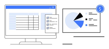 Bilgisayar ekranında tablo verileri, kontrol listesi ve pasta grafiği analizi gösteriliyor. Analiz, finans, yönetim, verimlilik, raporlama stratejisi iş planlaması için idealdir. Basit düz metafor