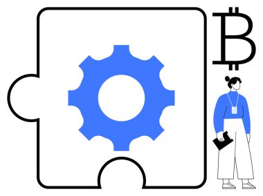 Mekanikleri temsil eden mavi dişli bulmaca parçası, klasör tutan kadın, kripto teknolojisini vurgulayan Bitcoin işareti. Engelleme zinciri, takım çalışması, yenilik, strateji, fintech, işlemler için ideal