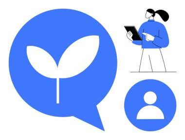 Tablet tutan bir kadının minimalist tasarımı yaprak sembollü bir konuşma balonu ve kullanıcı profili ikonu. Büyüme, iletişim, sürdürülebilirlik, ağ, teknoloji, kullanıcı bağlantısı için ideal