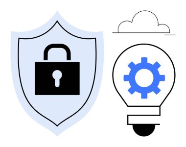 Asma kilit ile kalkan güvenliği vurgular, ampuldeki dişli yeniliği simgeler ve bulut teknolojiyi temsil eder. Siber koruma, veri güvenliği, yenilik, bulut hesaplama, teknoloji fikirleri için ideal