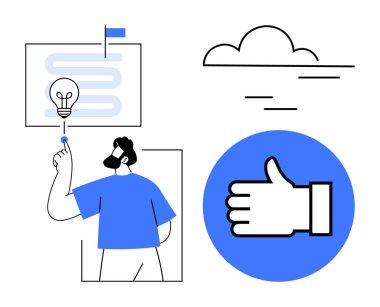 Yenilik fikrini, ampulü, başarı yolunu, işaret eden adam, ve bulut. Yaratıcılık, takım çalışması, çözümler, ilham planlama işbirliği için ideal basit bir iniş sayfası