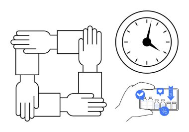 Takım çalışması için bir kare oluşturan birbirine bağlı eller, zaman için saat, çevrimiçi alışveriş için ürün simgeleriyle telefon. Takım çalışması, programlama, çevrimiçi iş, planlama, üretkenlik, pazarlama için ideal