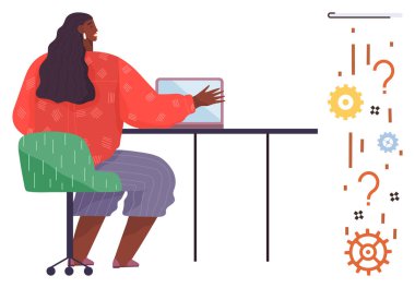 Masada oturan kadın renkli dişliler ve soru işaretleri ile çevrili bir dizüstü bilgisayarla problem çözmeyi sembolize ediyor. Takım çalışması, beyin fırtınası, teknoloji ve yaratıcılık için ideal.