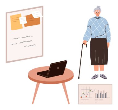 Elinde sopa olan yaşlı bir kadın elinde dizüstü bilgisayarı olan bir masa, üzerinde notlar olan bir yazı tahtası ve verileri gösteren bir çizelge. Eğitim, teknoloji, analiz, yaşlanma, uzak çalışma ve bakım için ideal
