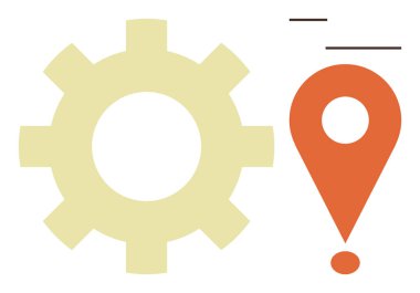 Sarı dişli ve turuncu rozetli minimalist aksanlı takım çalışması, yenilik, ilerleme, verimlilik, navigasyon, süreç optimizasyonu ve konum temelli çözümleri temsil etmektedir. Basit bir daire için ideal