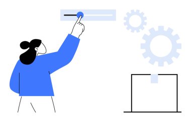 Kadın figürü kayma kontrolüyle etkileşir, arka plandaki dişliler iş akışını, sistem işlemini ve ayarlamaları sembolize eder. Teknoloji, kontrol, kişiselleştirme, yönetim ve süreç için ideal