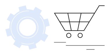 Alışveriş arabasının yanında teknoloji ve perakendecilik işbirliği tasvir ediliyor. E-ticaret, otomasyon, dijital pazarlama, lojistik, yenilik, verimlilik, iş akışı için ideal. Basit düz