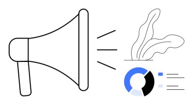 Ses dalgaları yayan megafon, veri segmentli pasta grafiği ve soyut yaprak. Pazarlama, analitik, iletişim, çevre, iş büyümesi veri paylaşımı ve marka tanıtımı için idealdir. Basit.