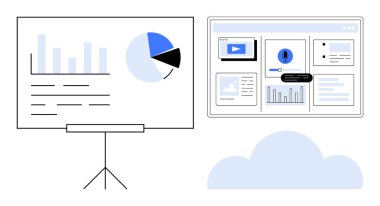 Tripoddaki grafikler ve analitik aletlerle çevrimiçi gösterge paneli. İş analizi, bulut hesaplama, takım çalışması, sunumlar, dijital strateji, pazarlama, karar verme. Basit düz