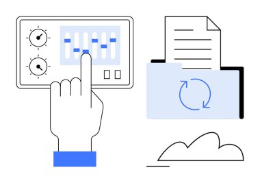 El, kontrol paneli kaydırıcıları ile etkileşime giriyor, senkronizasyon simgesi olan belge dizini, bulut sembolü. Veri yönetimi, depolama, bulut hesaplama, yedekleme, senkronizasyon, yapılandırma teknolojisi için ideal