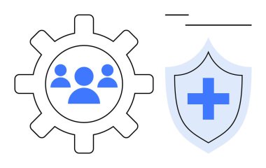 Grup figürlü teçhizat, güvenlik ve sağlık hizmetlerini sembolize eden çapraz çapraz kalkanla bitişik işbirliği ve takım çalışmasını temsil ediyor. Takım çalışması, güvenlik, sağlık, koruma, yönetim ve destek için ideal