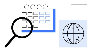 Takvim ızgarası ve dünya ikonu üzerindeki büyüteç küresel programlama, araştırma ve planlama konularını vurguluyor. İş, organizasyon, zaman yönetimi, küreselleşme, arama, seyahat için ideal