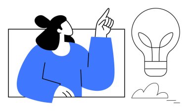 Bir ampule doğru hareket eden kadın ilham ve yeniliği temsil ediyor. Yaratıcılık, eğitim, beyin fırtınası, takım çalışması, motivasyon, problem çözme, yenilik için idealdir. Basit düz metafor