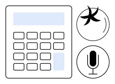 Sayısal tuş takımı ve ekranı olan hesap makinesi, mikrofon simgesi ve soyut tasarım. Teknoloji için ideal, finans, iletişim, eğitim, minimalizm, yaratıcılık modern tasarım basit iniş sayfası