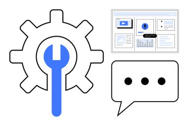 İngiliz anahtarı, araçları ve ayarları sembolize eder, veri veya analitik için gösterge paneli arayüzü, ve iletişim için konuşma baloncuğu. Destek, takım çalışması, analitik, yenilik, sorun giderme için ideal