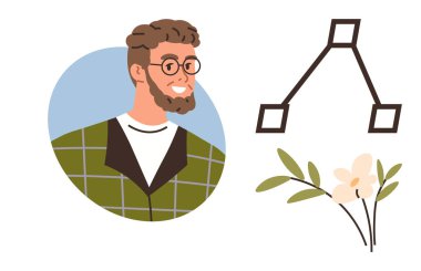 Sakallı adam, gözlüklü ve yeşil kareli takım elbiseli, geometrik diyagram, kareler ve çizgiler, narin çiçek sapı. Tasarım, yaratıcılık, yenilik, kişisel büyüme, doğa, planlama için ideal