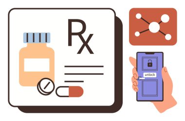 İlaç şişesi, haplar, RX sembolü, açık ekran ve bağlantı simgesiyle birleştirilmiş akıllı telefon. Sağlık teknolojisi, teletıp, e-reçete, çevrimiçi eczane, veri için ideal