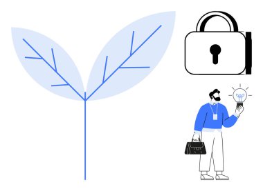 Yaprak büyümeyi ve sürdürülebilirliği sembolize eder, kilit güvenliği simgeler ve ampulle iş adamı yenilik ve yaratıcı fikirleri taşır. İş, teknoloji, sürdürülebilirlik ve güvenlik için ideal