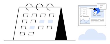 Grafikler ve turta grafiklerinin yer aldığı sanal analitik panelin yanında işaretli tarihleri olan masa takvimi. Planlama, organizasyon, veri yönetimi, iş görevleri, zaman izleme, üretkenlik için ideal