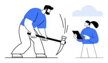 Erkek kazmak için kazma sallarken, kadın tablet kullanıyor. Takım çalışması, teknoloji, iş gücü, endüstri, işbirliği, üretkenlik, basit iniş sayfası için ideal