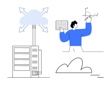 Veri akışını gösteren oklarla sunucuya bağlı bulut, açık kitapla grafiği analiz eden kişi. Teknoloji, eğitim, öğrenme, analitik, bulut çözümleri, veri paylaşımı takım çalışması için idealdir. Basit.