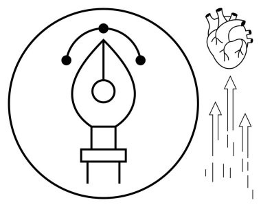 Yuvarlak çerçeveli kalem aleti grafiği, yukarı bakan anatomik kalp ve oklar. Yaratıcılık, tasarım, büyüme, yenilik, kalp güdümlü projeler için idealdir. Basit bir daire.