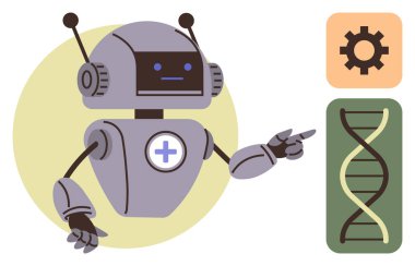 Tıbbi sembolü olan robot DNA sarmalı ve teçhizatını gösteriyor. Biyoteknolojide yapay zekayı gösteriyor. Sağlık teknolojisi, yapay zeka, yenilik, analitik, araştırma, otomasyon eğitimi için ideal. Basit düz metafor