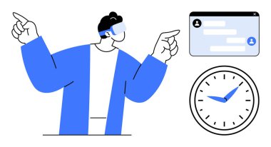 Saat ve sohbet penceresi de dahil olmak üzere dijital elementleri gösteren VR kulaklık takan biri. Teknoloji, yenilik, uzak çalışma, zaman yönetimi, iletişim, sanal gerçeklik, basit iniş için ideal