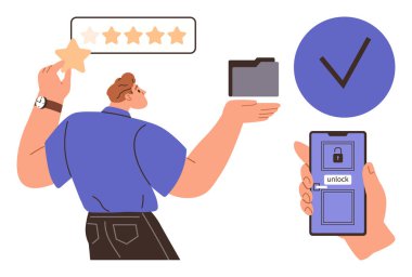 Yıldız tutan kişi, derecelendirme çubuğu, beş yıldız, klasör simgesi, kontrol işareti ve cep telefonu açma dizisi. Üretkenlik, geri bildirim, güvenlik, başarı dijital araçları kullanıcısı için ideal