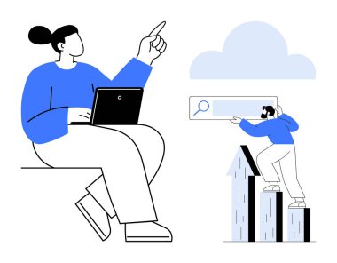 Diz üstü bilgisayarı yukarı bakan bir kadın, daha küçük bir figür arama çubuğuyla çubuk grafiklere tırmanıyor, mavi bulut. Takım çalışması, teknoloji, büyüme, strateji, liderlik, yenilik dijital dönüşüm için ideal